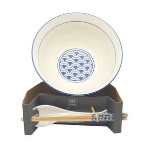 SH Home Blue Ivory Wave Floral Ceramic Noodle Ramen Bowl 49oz Chopsticks Spoon